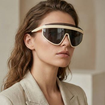 Woman wearing futuristic sunglasses with a neutral background