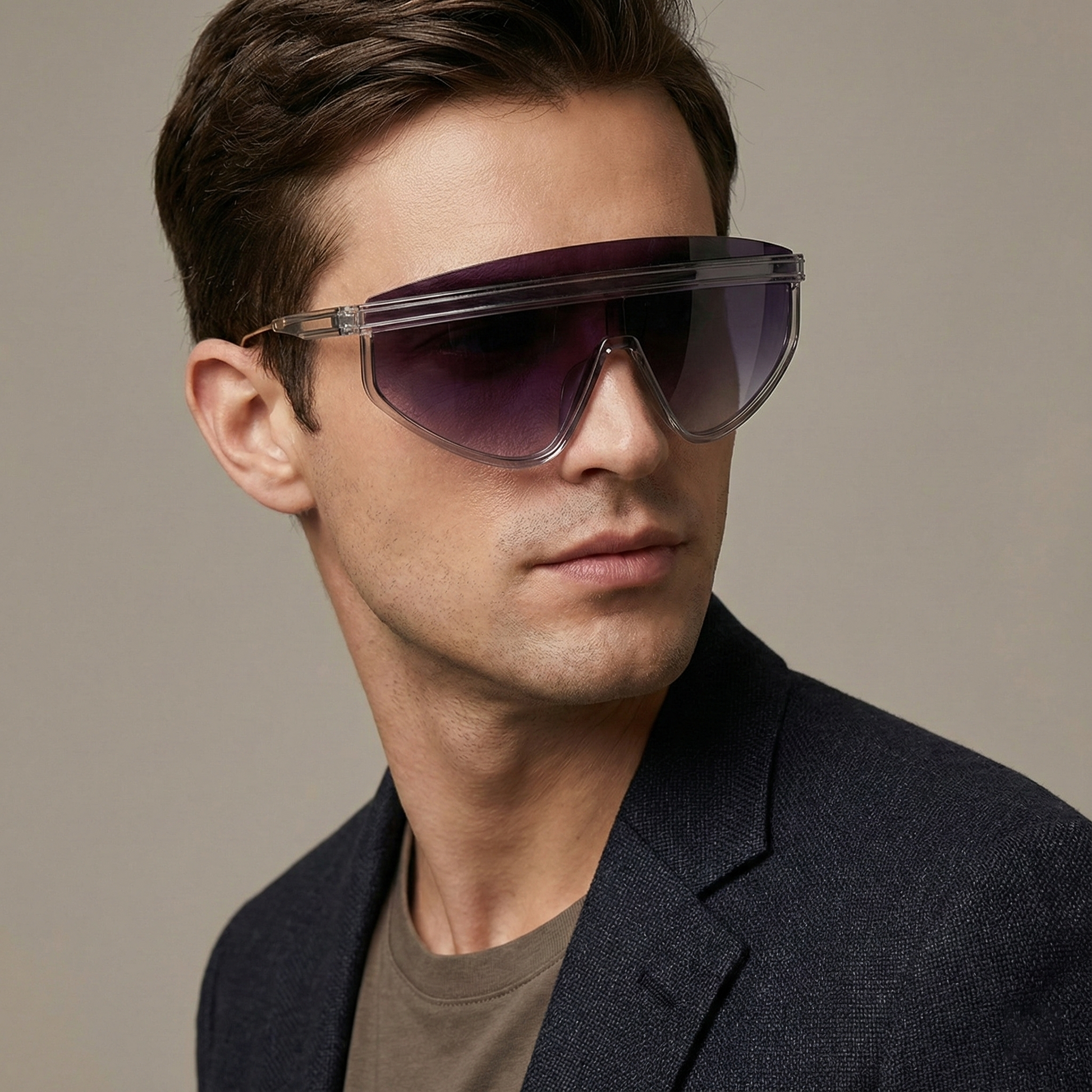 Man wearing a dark suit and sunglasses against a neutral background