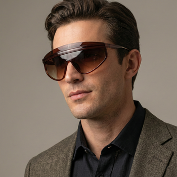 Man wearing a stylish outfit with sunglasses against a neutral background