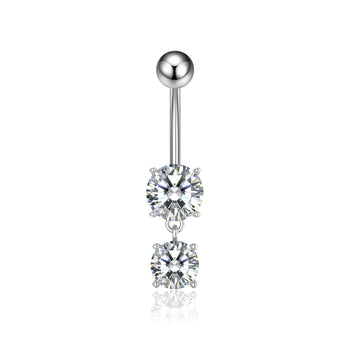 Belly button ring with two clear gemstones on a white background