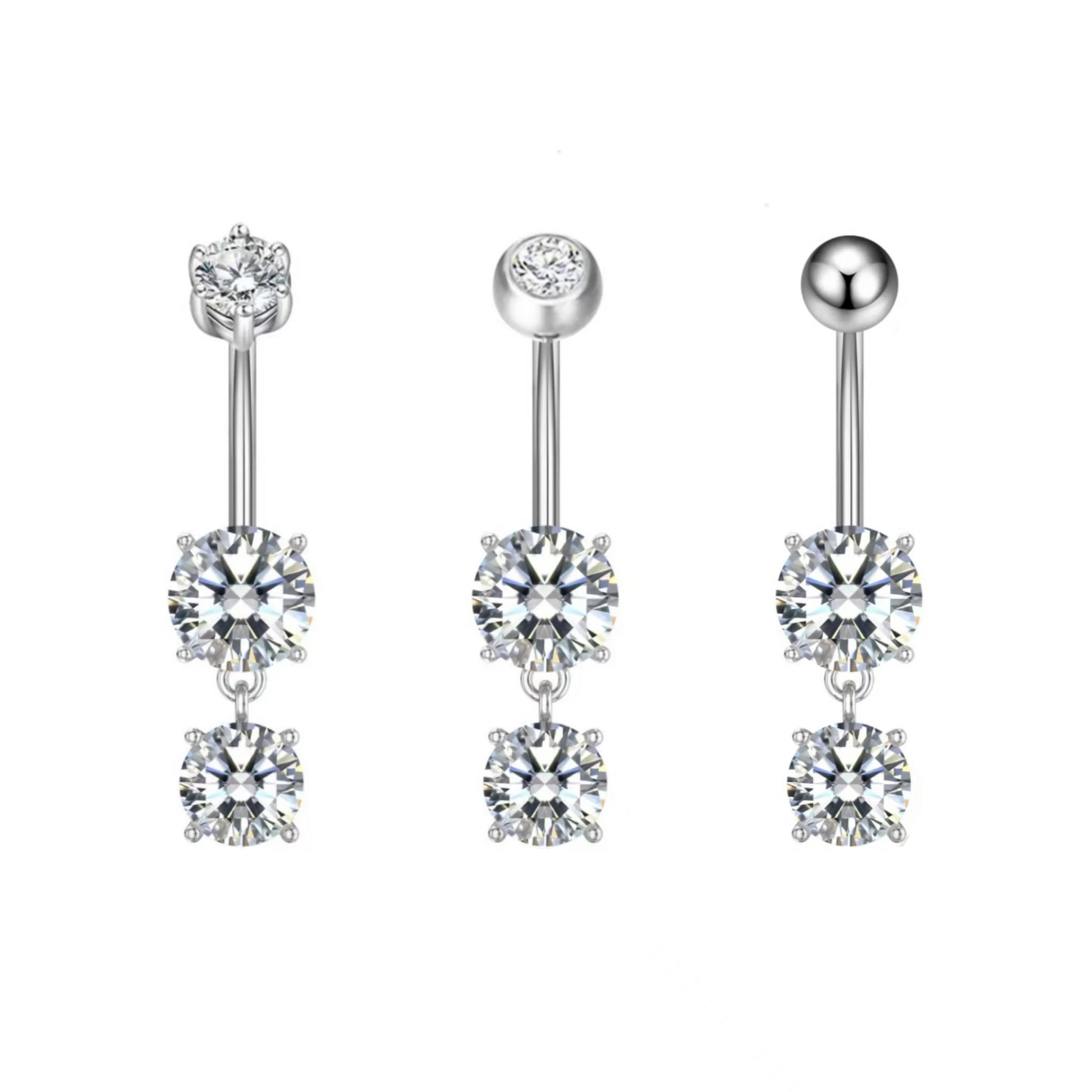 Pair of silver belly button rings with clear gemstones on a white background