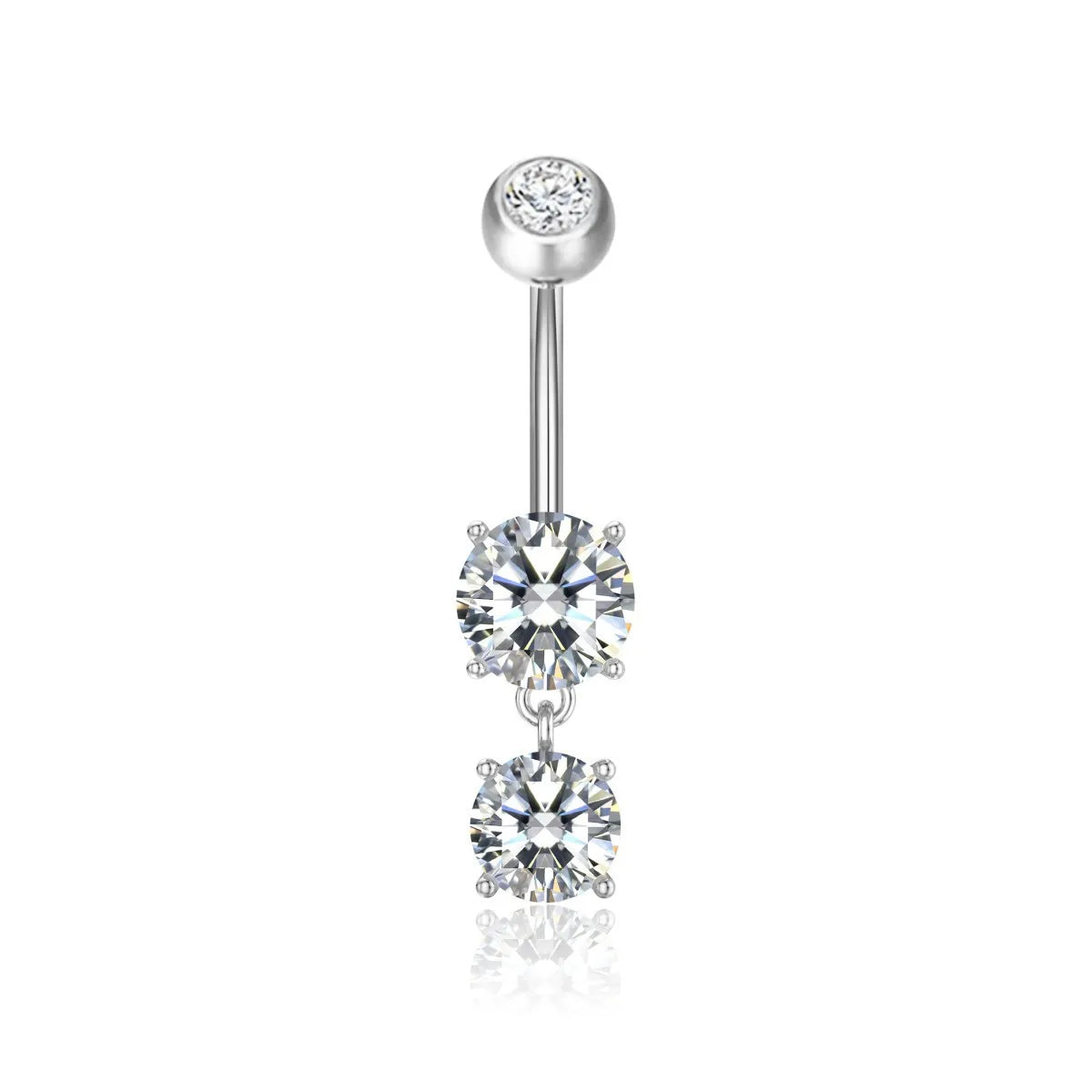 Belly button ring with two clear gemstones on a white background