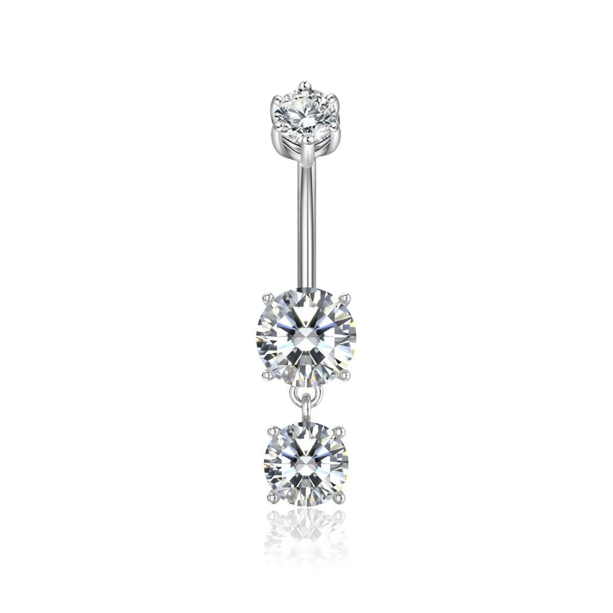 Belly button ring with three clear gemstones on a white background