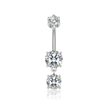 Belly button ring with three clear gemstones on a white background