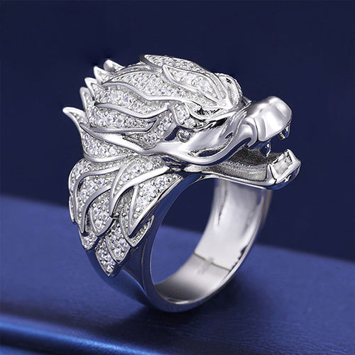 MOISSANITE DRAGON HEAD RING IN STERLING SILVER