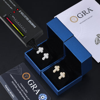 EMERALD CUT MOISSANITE CROSS STUD EARRINGS IN STERLING SILVER