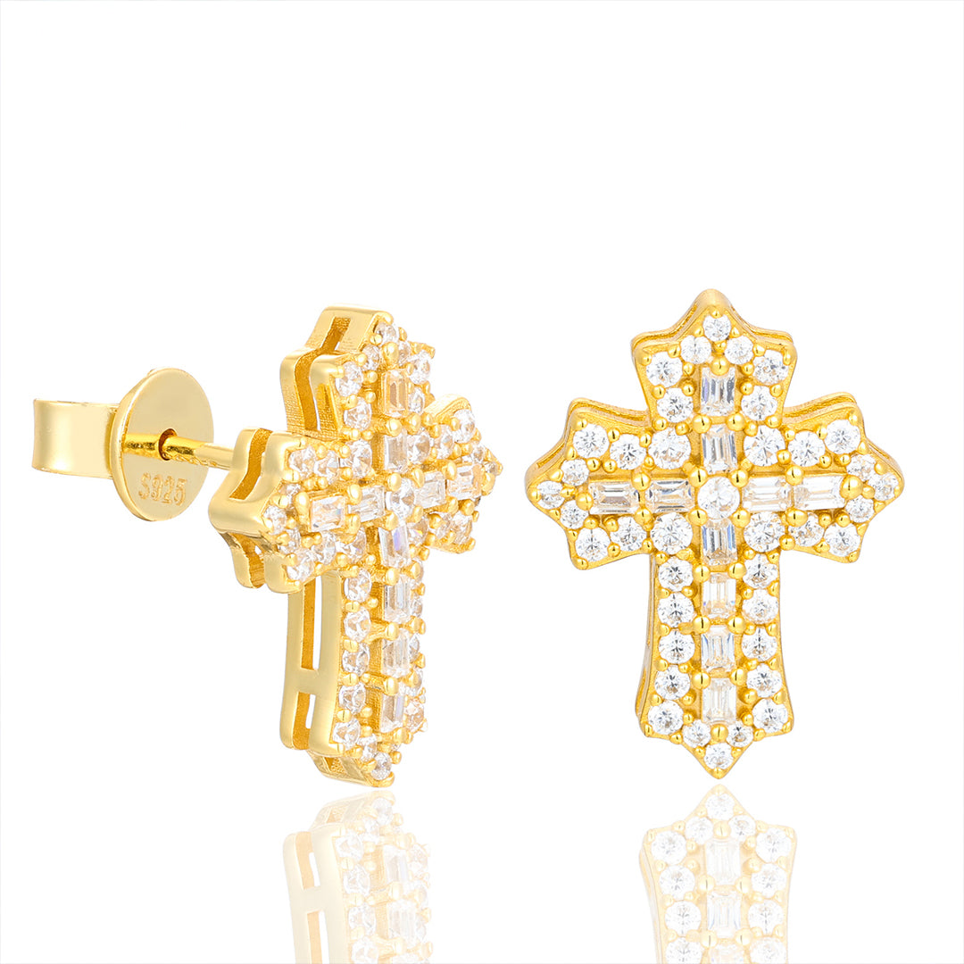 EMERALD CUT MOISSANITE CROSS STUD EARRINGS IN STERLING SILVER