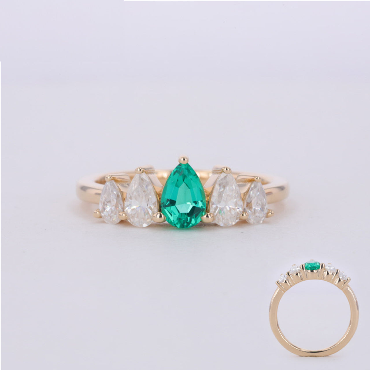 FIVE STONE PEAR CUT LAB GROWN EMERALD GEMSTONE & MOISSANITE RING IN 14K SOLID GOLD