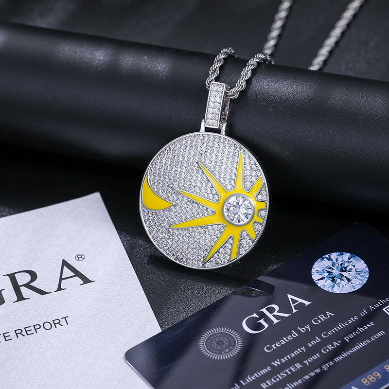 MOISSANITE GLOW IN THE DARK SUN AND MOON COIN PENDANT IN STERLING SILVER