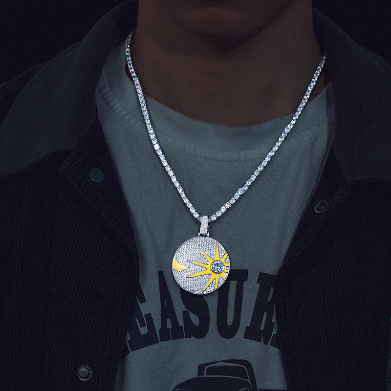 MOISSANITE GLOW IN THE DARK SUN AND MOON COIN PENDANT IN STERLING SILVER