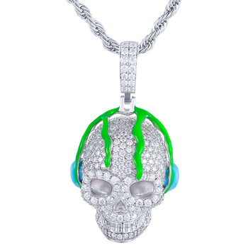 Pendentif tête de mort en moissanite phosphorescente et argent sterling