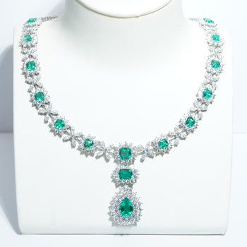 LAB GROWN GREEN EMERALD GEMSTONE AND MOISSANITE DIAMOND NECKLACE IN 14K GOLD