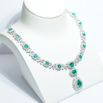 LAB GROWN GREEN EMERALD GEMSTONE AND MOISSANITE DIAMOND NECKLACE IN 14K GOLD