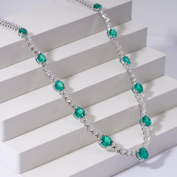 LAB GROWN GREEN EMERALD GEMSTONE AND MOISSANITE DIAMOND NECKLACE IN 14K GOLD
