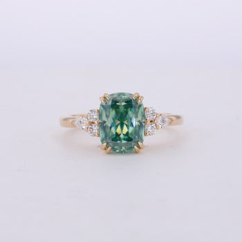 GREEN CUSHION CUT MOISSANITE RING IN 14K GOLD