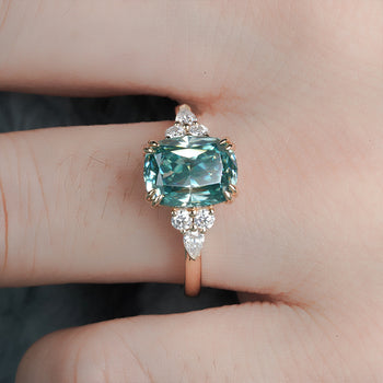 GREEN CUSHION CUT MOISSANITE RING IN 14K GOLD