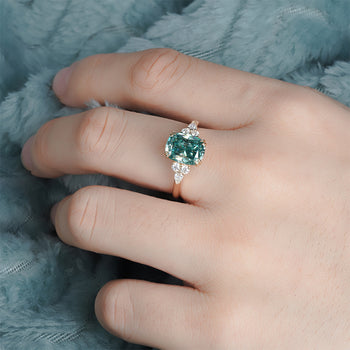 GREEN CUSHION CUT MOISSANITE RING IN 14K GOLD