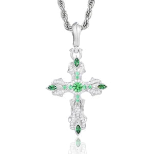 GREEN MOISSANITE PAVE CROSS CHARM PENDANT IN STERLING SILVER