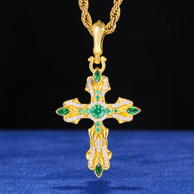 GREEN MOISSANITE PAVE CROSS CHARM PENDANT IN STERLING SILVER