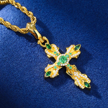 GREEN MOISSANITE PAVE CROSS CHARM PENDANT IN STERLING SILVER