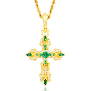 GREEN MOISSANITE PAVE CROSS CHARM PENDANT IN STERLING SILVER