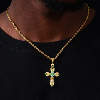 GREEN MOISSANITE PAVE CROSS CHARM PENDANT IN STERLING SILVER