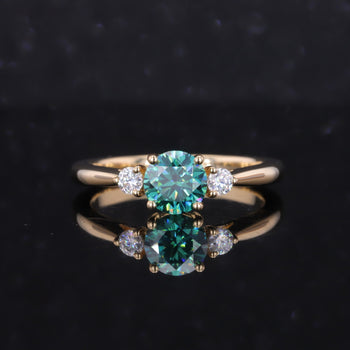 GREEN MOISSANITE THREE STONE RING IN 14K or 18K GOLD RING