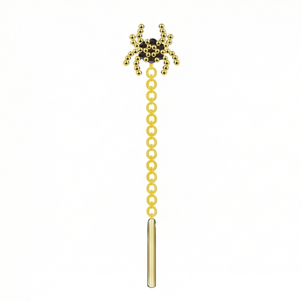 Gold spider-shaped earring with a chain on a white background