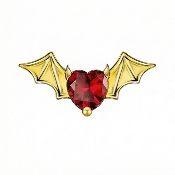 Gold bat-shaped earring with a red heart gem on a white background