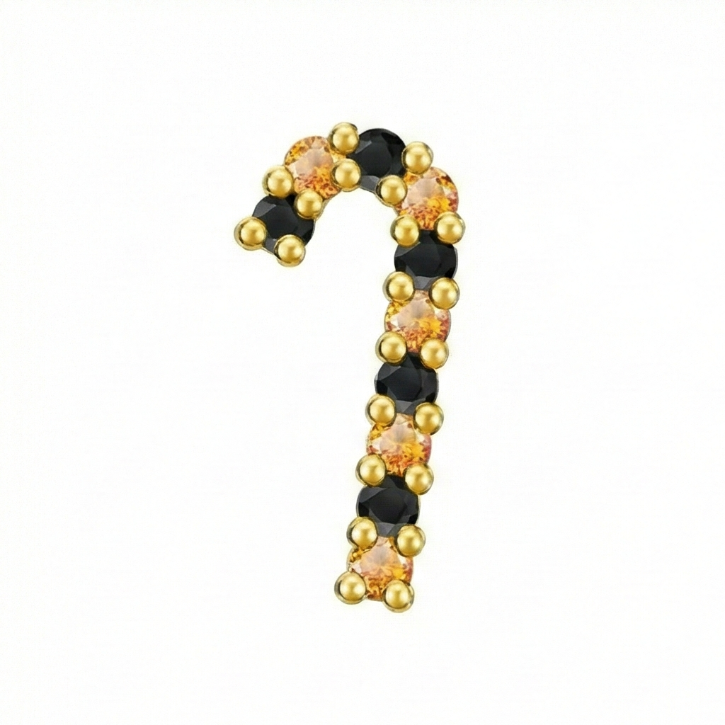 Decorative candy cane with gold, black, and orange beads on a white background