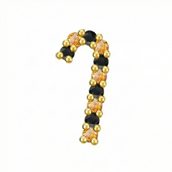 Decorative candy cane with gold, black, and orange beads on a white background