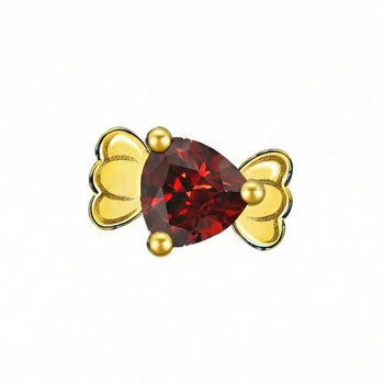 Gold earring with a red gemstone on a white background