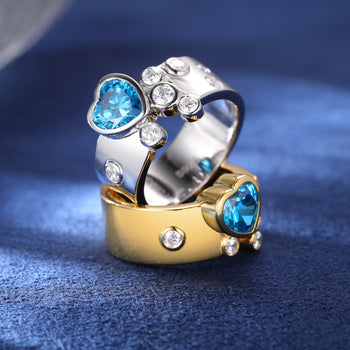 HEART CUT BLUE CZ MOISSANITE DIAMOND BAND RING IN STERLING SILVER