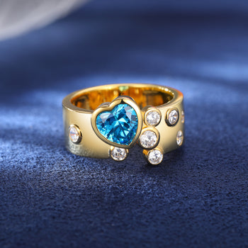 HEART CUT BLUE CZ MOISSANITE DIAMOND BAND RING IN STERLING SILVER