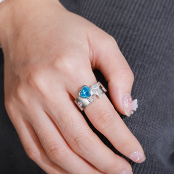 HEART CUT BLUE CZ MOISSANITE DIAMOND BAND RING IN STERLING SILVER