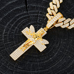 ICED OUT MOISSANITE ANGEL CROSS PENDANT IN STERLING SILVER