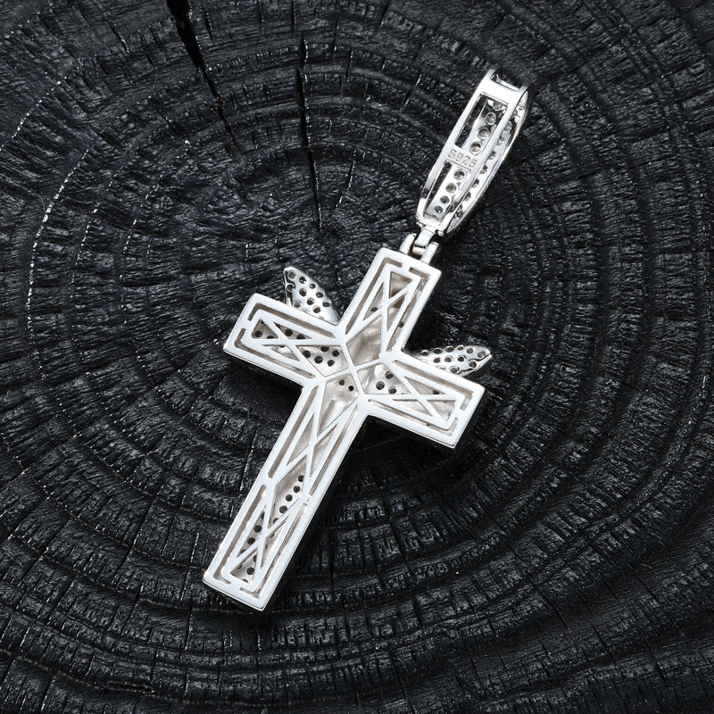 ICED OUT MOISSANITE ANGEL CROSS PENDANT IN STERLING SILVER