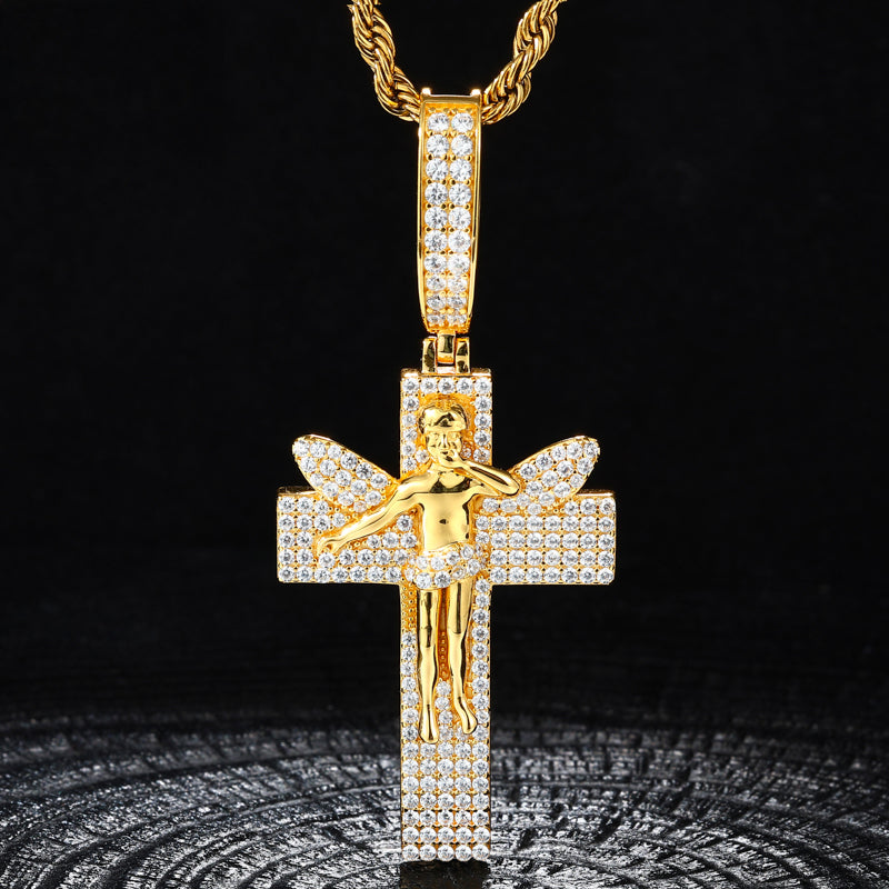 ICED OUT MOISSANITE ANGEL CROSS PENDANT IN STERLING SILVER