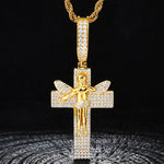 ICED OUT MOISSANITE ANGEL CROSS PENDANT IN STERLING SILVER