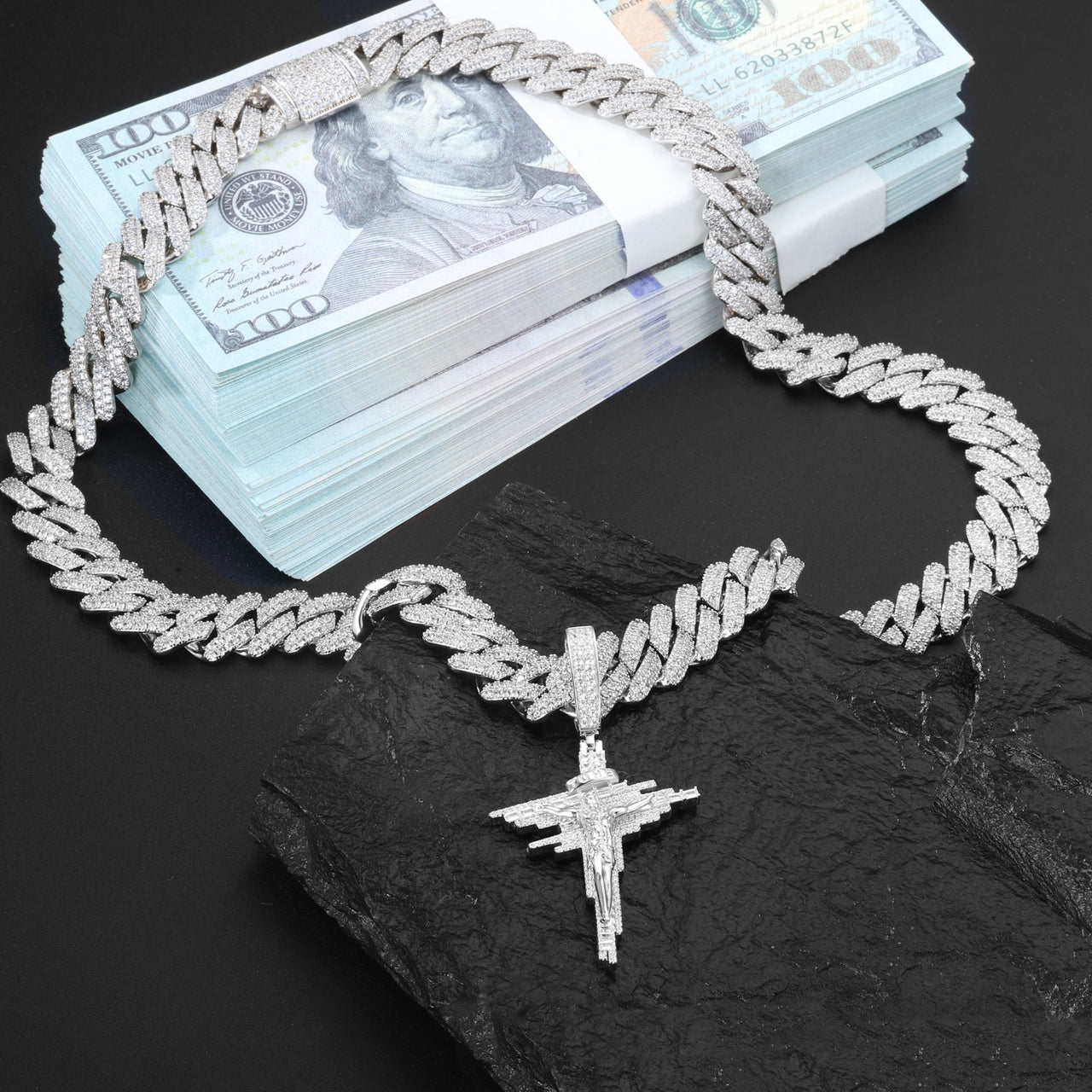 ICED OUT MOISSANITE JESUS CROSS PENDANT IN STERLING SILVER