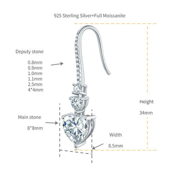 IE00192 HEART SHAPE MOISSANITE DROP EARRINGS IN STERLING SILVER