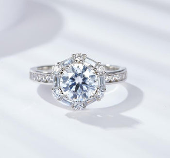IE00199 1CT ROUND HEXAGON MOISSANITE RING IN STERLING SILVER