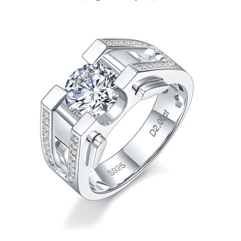 Bague chevalière en argent sterling sertie d'un diamant moissanite de 6,5 mm (IE00232)
