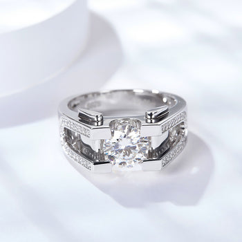 Bague chevalière en argent sterling sertie d'un diamant moissanite de 6,5 mm (IE00232)
