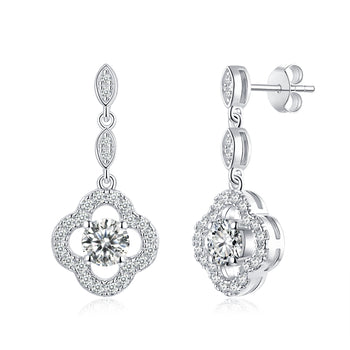 IE0024 5MM CLOVER HALO MOISSANITE DIAMOND DROP EARRINGS IN STERLING SILVER