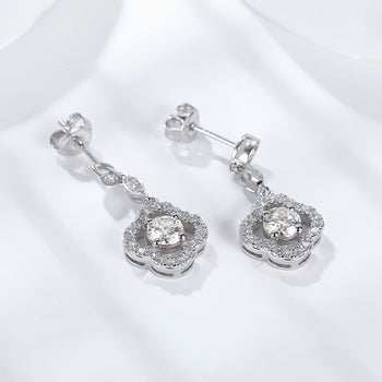 IE0024 5MM CLOVER HALO MOISSANITE DIAMOND DROP EARRINGS IN STERLING SILVER