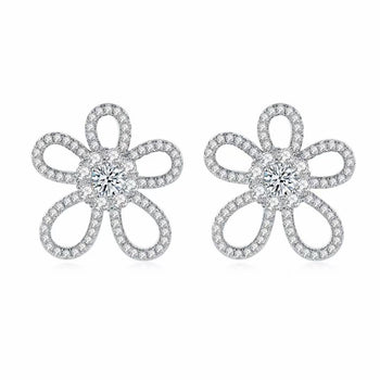 Boucles d'oreilles puces en forme de fleur en moissanite et diamants IE1030, en argent sterling
