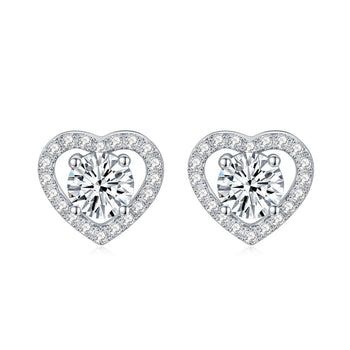 Boucles d'oreilles puces en forme de cœur, serties de moissanite et de diamants, en argent sterling (IE0030).