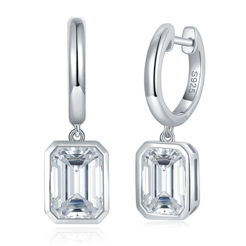 IE0048 EMERALD CUT MOISSANITE DIAMOND HOOP EARRINGS IN STERLING SILVER