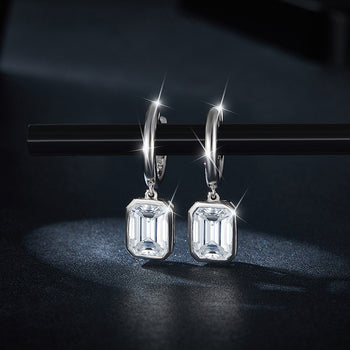 IE0048 EMERALD CUT MOISSANITE DIAMOND HOOP EARRINGS IN STERLING SILVER